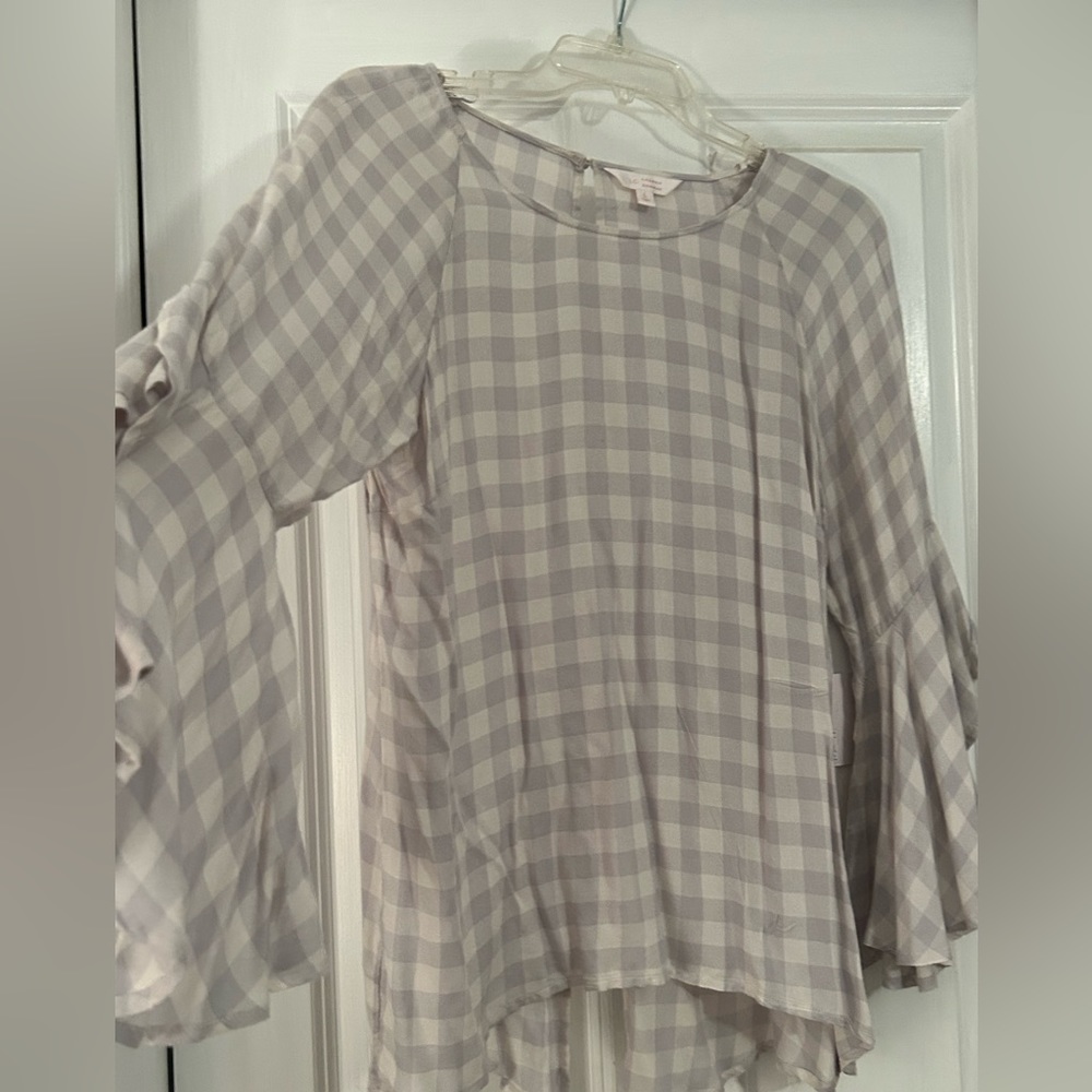 Lauren Conrad. Soft gray checked shirt. Very flowy sleeves.